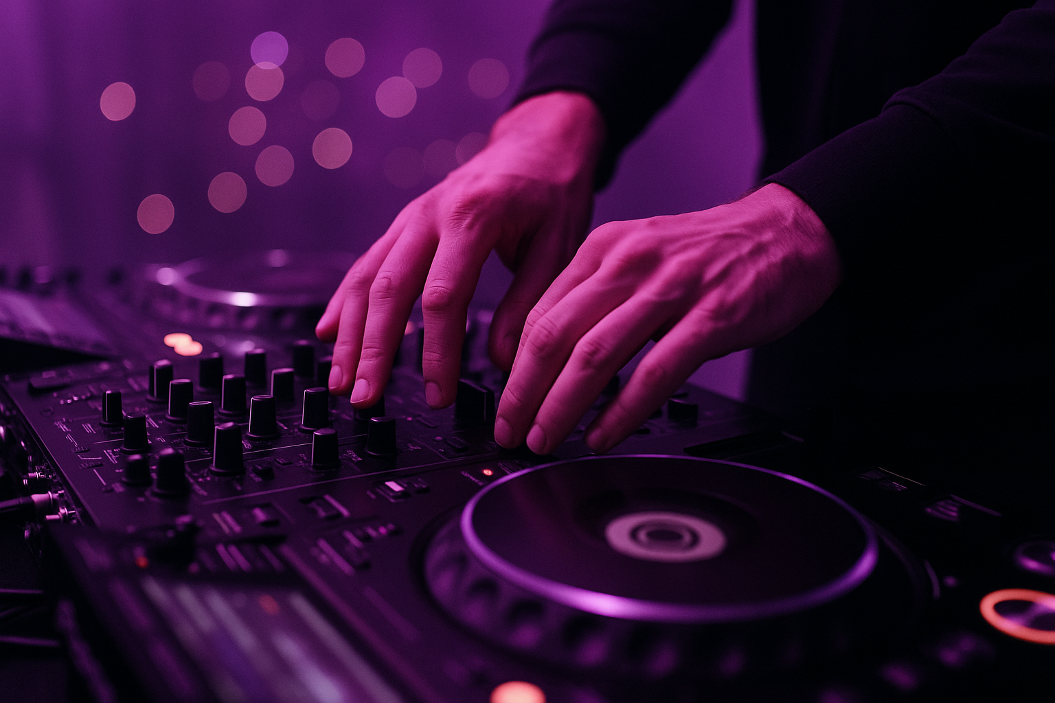 Close-up van handen boven DJ-gear met paars licht
